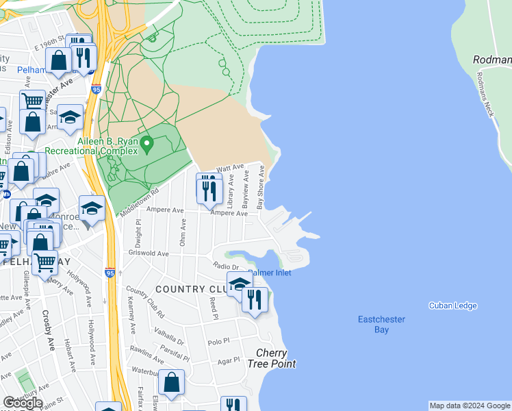 map of restaurants, bars, coffee shops, grocery stores, and more near 1611 Bay Shore Avenue in Bronx
