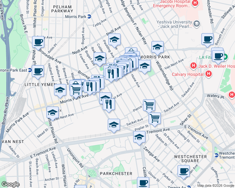 map of restaurants, bars, coffee shops, grocery stores, and more near 1708 Bogart Avenue in Bronx