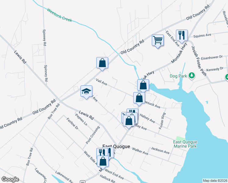 map of restaurants, bars, coffee shops, grocery stores, and more near 20 Vail Avenue in East Quogue