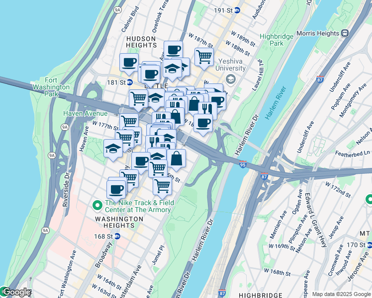 map of restaurants, bars, coffee shops, grocery stores, and more near 534W West 178th Street in New York