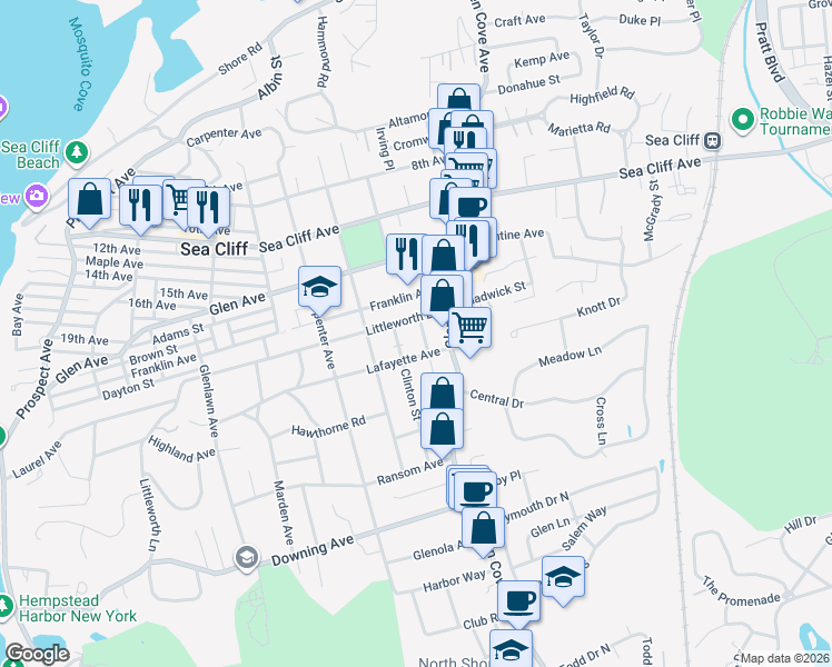 map of restaurants, bars, coffee shops, grocery stores, and more near 11 Grove Street in Sea Cliff