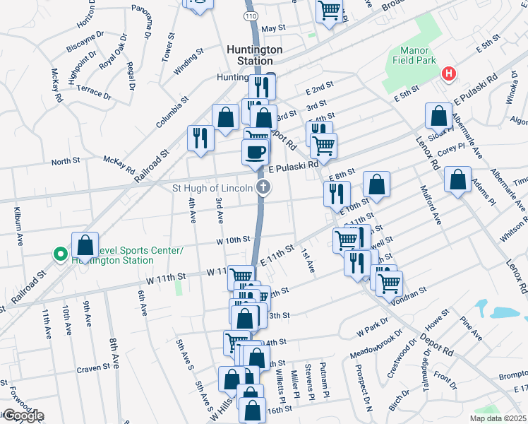 map of restaurants, bars, coffee shops, grocery stores, and more near 1466 New York Avenue in Huntington Station