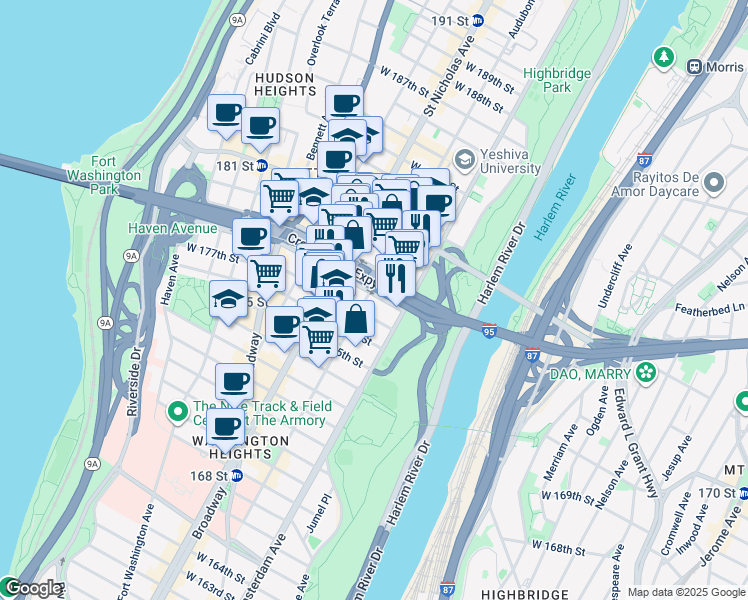map of restaurants, bars, coffee shops, grocery stores, and more near 534 West 178th Street in New York