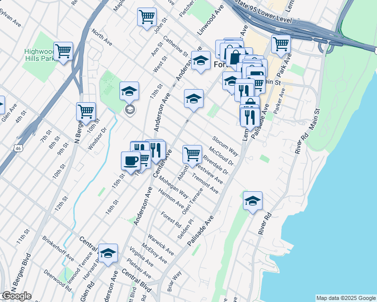 map of restaurants, bars, coffee shops, grocery stores, and more near 1445 Abbott Boulevard in Fort Lee