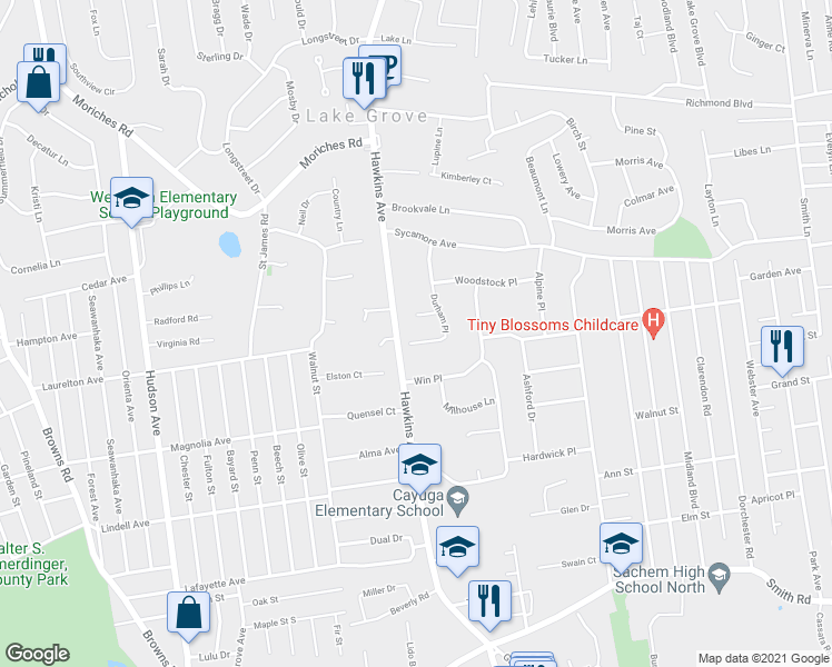 map of restaurants, bars, coffee shops, grocery stores, and more near 921 Hawkins Avenue in Lake Grove