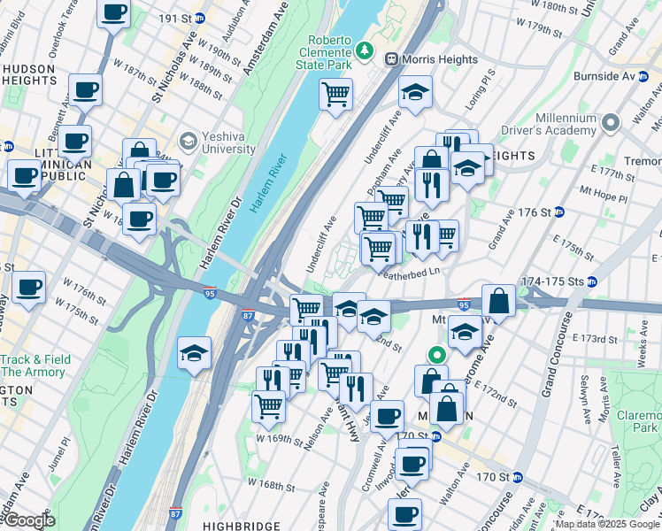 map of restaurants, bars, coffee shops, grocery stores, and more near 158 West 174th Street in The Bronx