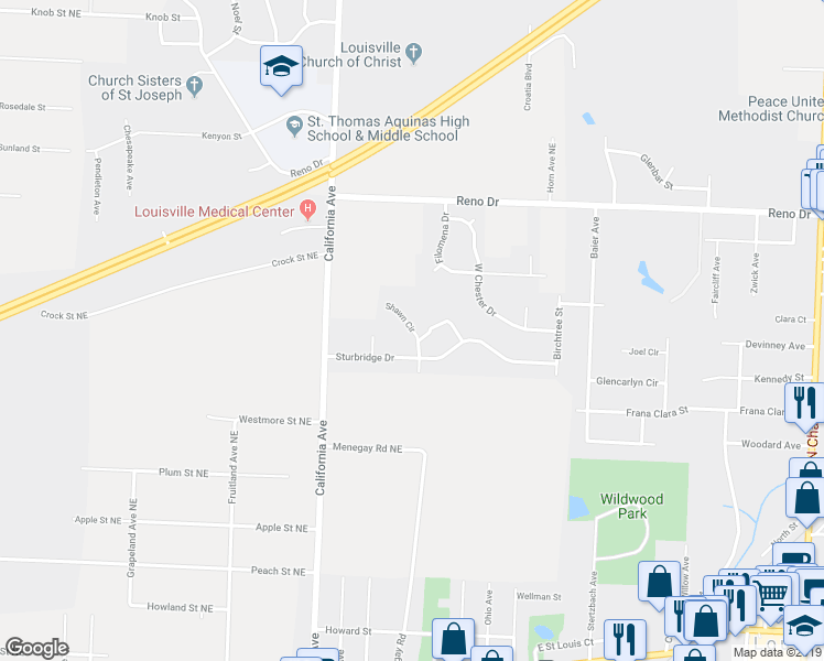 map of restaurants, bars, coffee shops, grocery stores, and more near 1120 Shawn Circle in Louisville