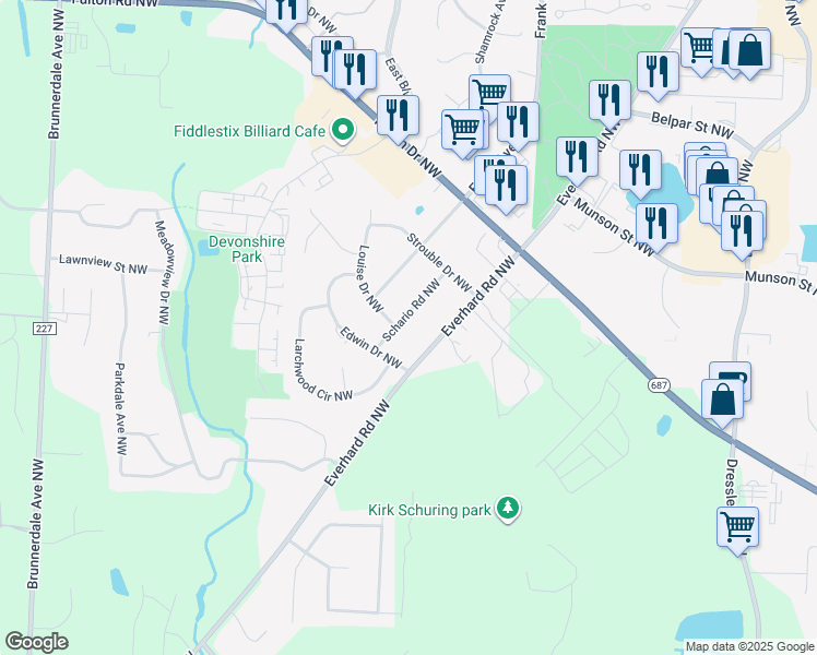 map of restaurants, bars, coffee shops, grocery stores, and more near 5290 Schario Road Northwest in Canton