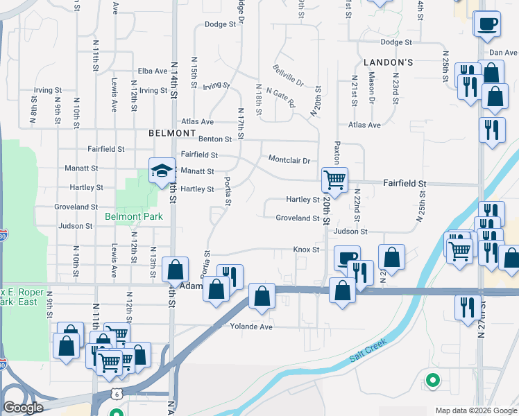 map of restaurants, bars, coffee shops, grocery stores, and more near 1710 Groveland Circle in Lincoln