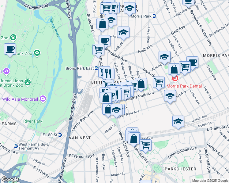 map of restaurants, bars, coffee shops, grocery stores, and more near 1841 Hunt Avenue in The Bronx