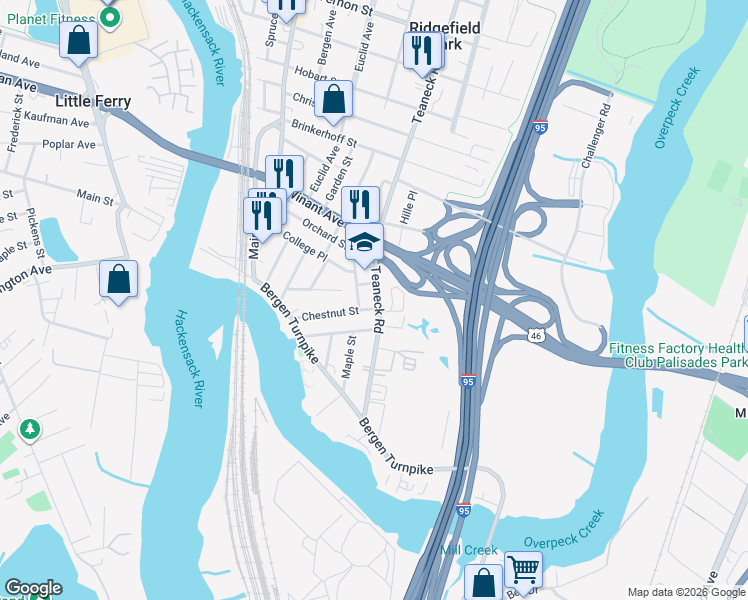 map of restaurants, bars, coffee shops, grocery stores, and more near 102 Teaneck Road in Ridgefield Park