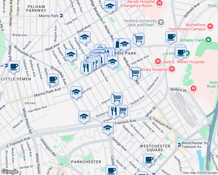 map of restaurants, bars, coffee shops, grocery stores, and more near 1628 Hone Avenue in Bronx