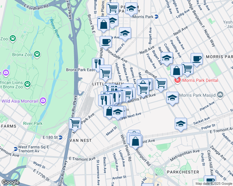 map of restaurants, bars, coffee shops, grocery stores, and more near 1841 Hunt Avenue in The Bronx