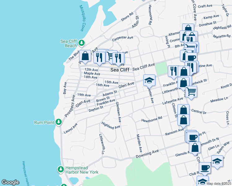 map of restaurants, bars, coffee shops, grocery stores, and more near 17 Glenlawn Avenue in Sea Cliff