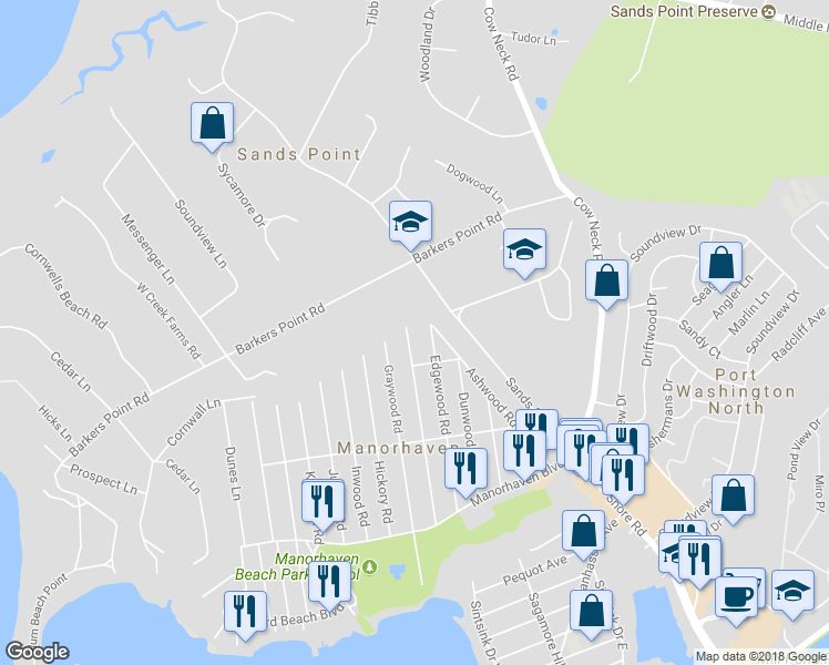 map of restaurants, bars, coffee shops, grocery stores, and more near 94 Firwood Road in Port Washington