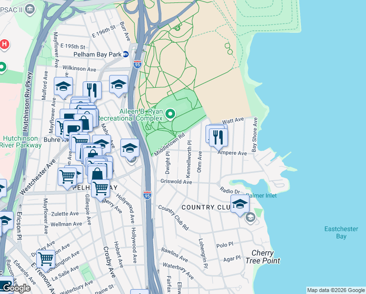 map of restaurants, bars, coffee shops, grocery stores, and more near 3169 Ampere Avenue in The Bronx