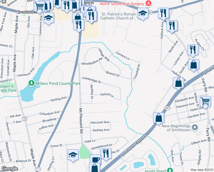 map of restaurants, bars, coffee shops, grocery stores, and more near 14 Cambridge Drive in Smithtown