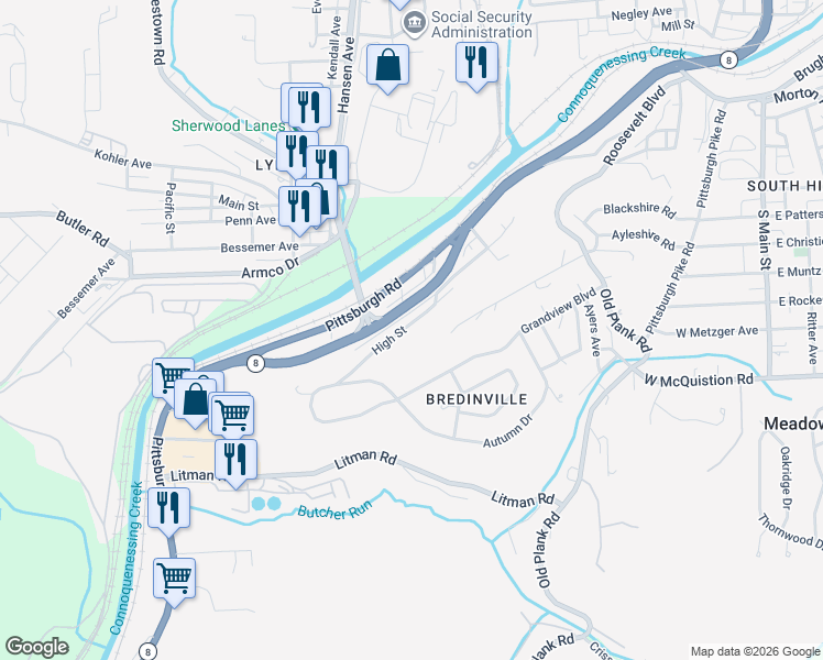 map of restaurants, bars, coffee shops, grocery stores, and more near 14 High Street in Lyndora