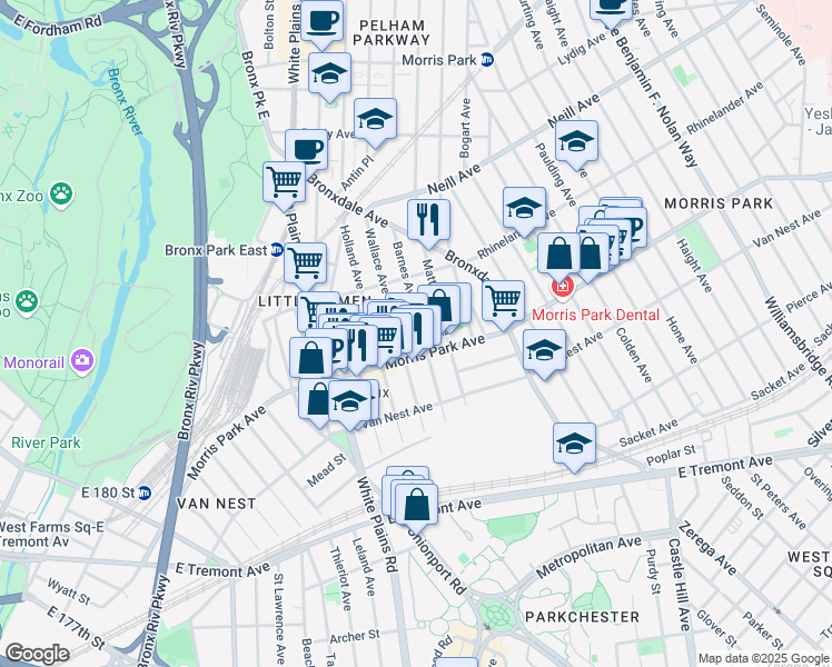map of restaurants, bars, coffee shops, grocery stores, and more near 1821 Barnes Avenue in The Bronx