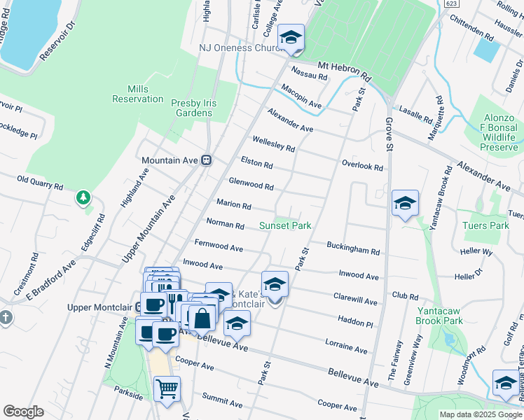 map of restaurants, bars, coffee shops, grocery stores, and more near 10 Marion Road in Montclair