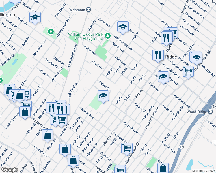 map of restaurants, bars, coffee shops, grocery stores, and more near 45 Carlyle Court in Carlstadt