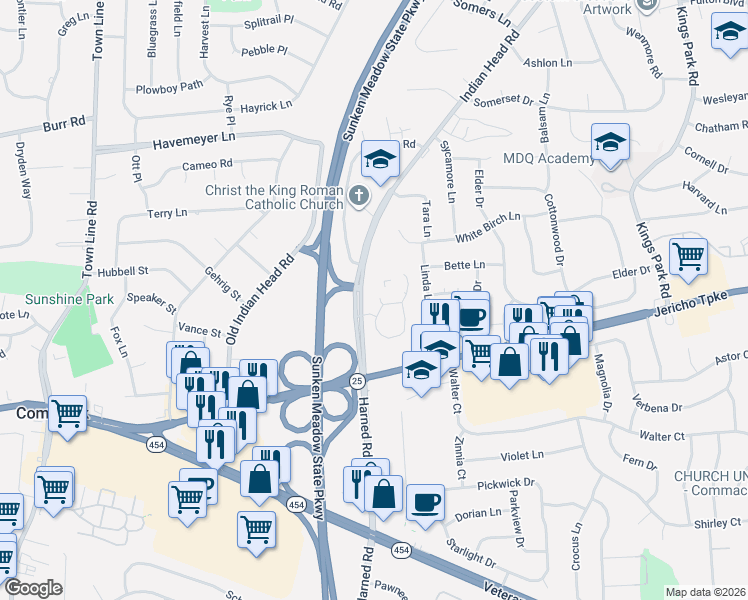 map of restaurants, bars, coffee shops, grocery stores, and more near 38 Larkspur Drive in Commack