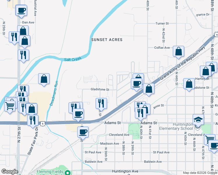 map of restaurants, bars, coffee shops, grocery stores, and more near 3600 Gladstone Street in Lincoln