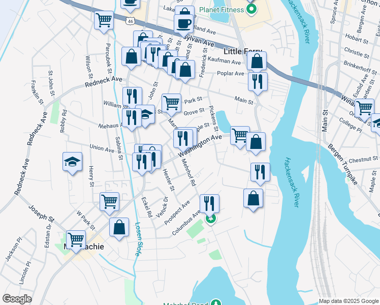 map of restaurants, bars, coffee shops, grocery stores, and more near 141 Washington Avenue in Little Ferry