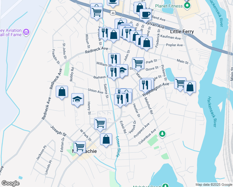 map of restaurants, bars, coffee shops, grocery stores, and more near 99 Liberty Street in Little Ferry