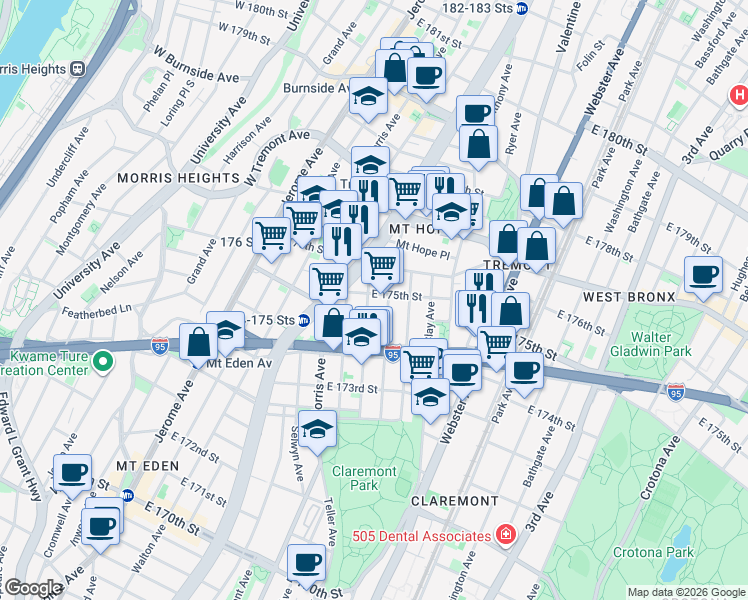 map of restaurants, bars, coffee shops, grocery stores, and more near 1790 Weeks Avenue in Bronx