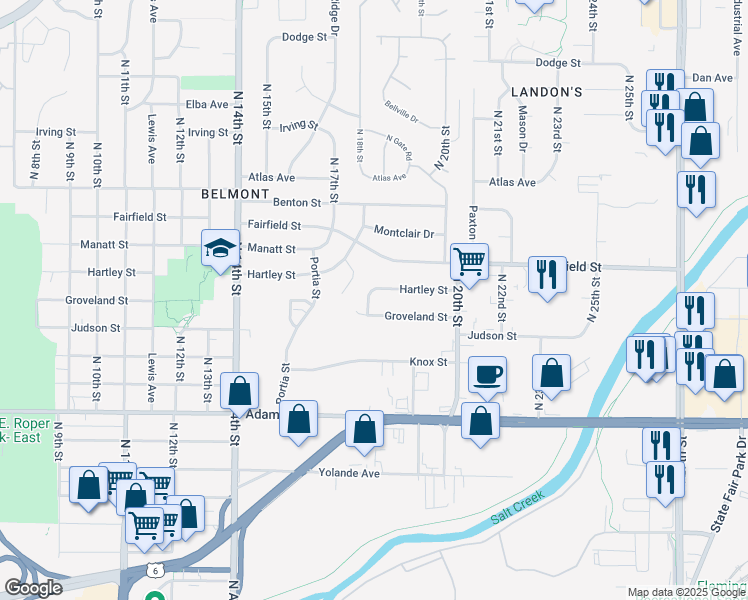 map of restaurants, bars, coffee shops, grocery stores, and more near 1809 Hartley Street in Lincoln