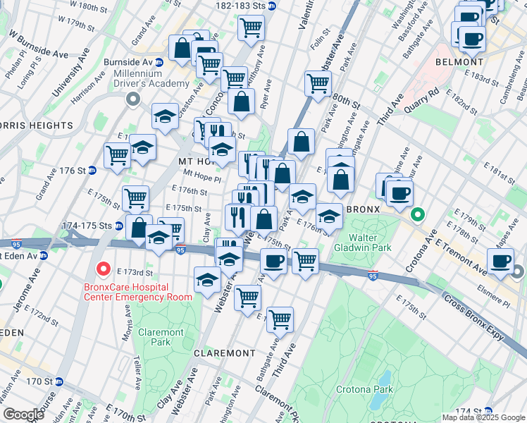 map of restaurants, bars, coffee shops, grocery stores, and more near 1809 Carter Avenue in Bronx