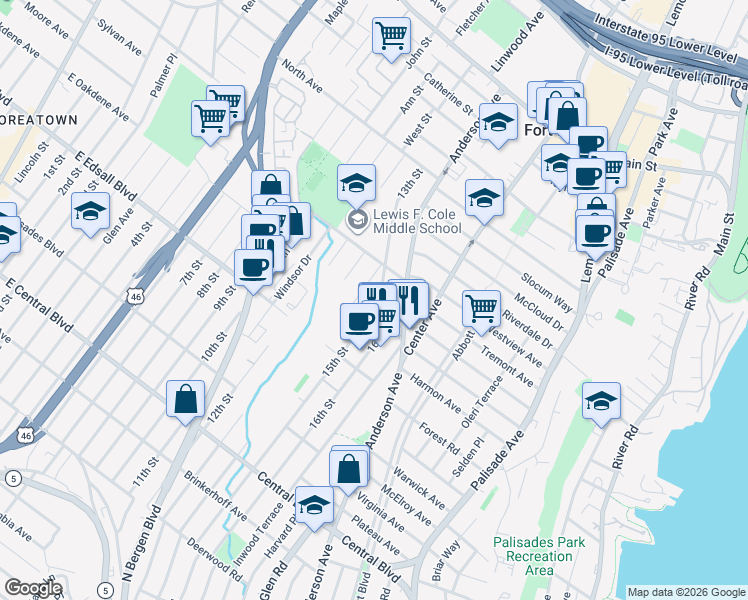 map of restaurants, bars, coffee shops, grocery stores, and more near 1410 14th Street in Fort Lee