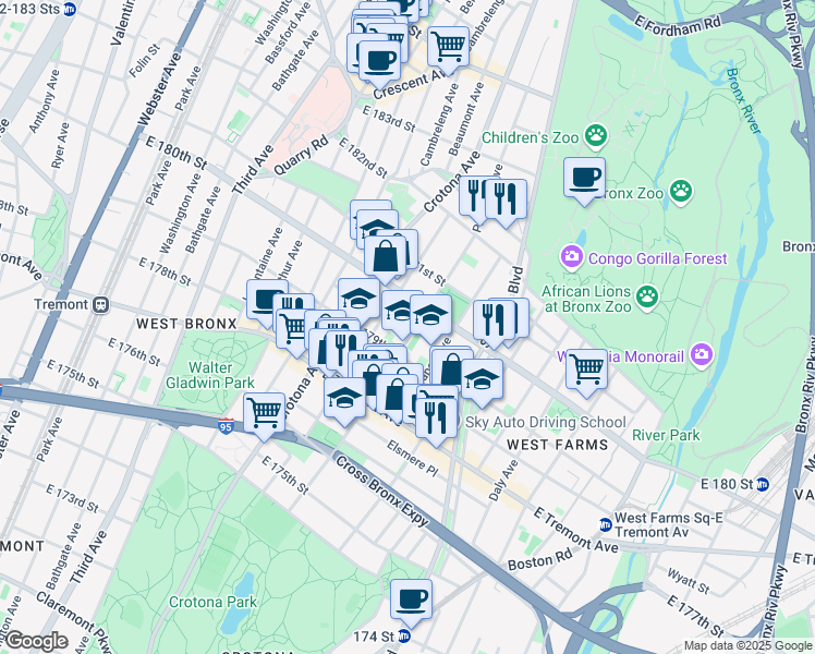 map of restaurants, bars, coffee shops, grocery stores, and more near in Bronx