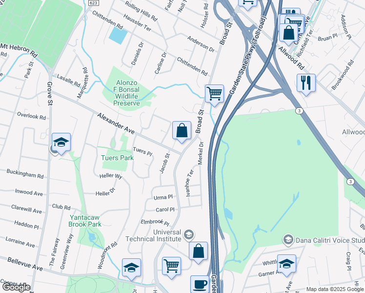 map of restaurants, bars, coffee shops, grocery stores, and more near 1676 Broad Street in Bloomfield