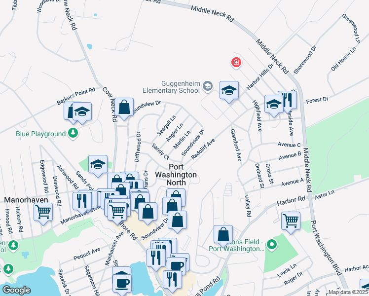map of restaurants, bars, coffee shops, grocery stores, and more near 152 Soundview Drive in Port Washington