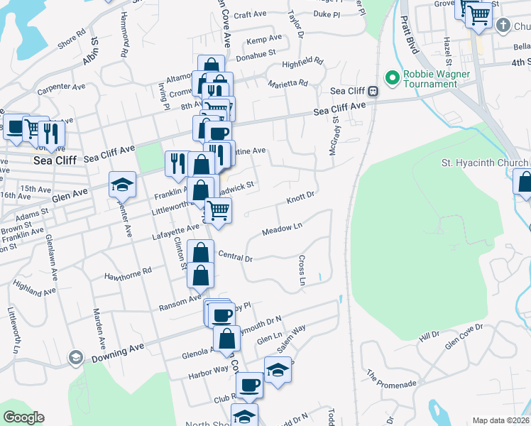 map of restaurants, bars, coffee shops, grocery stores, and more near 32 Knott Dr in Glen Cove