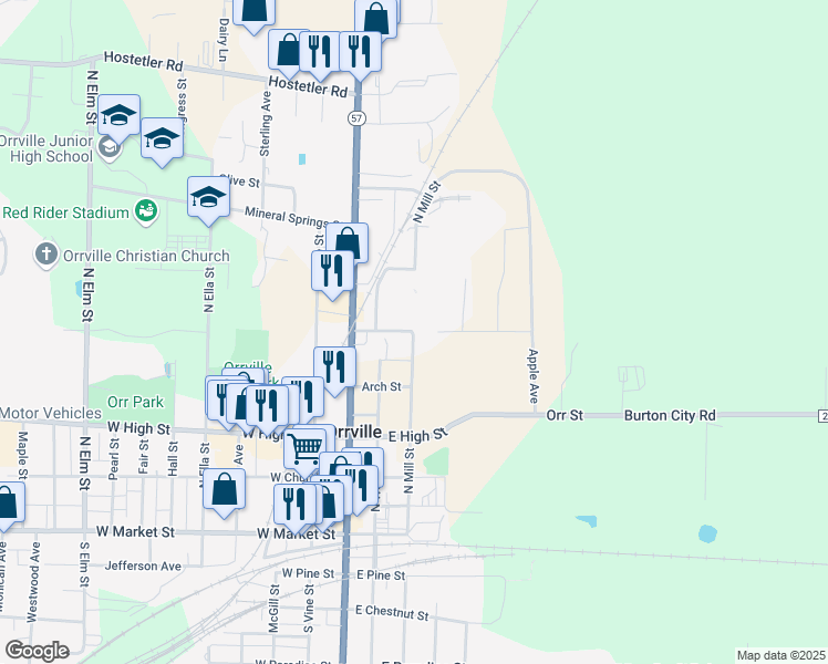 map of restaurants, bars, coffee shops, grocery stores, and more near 722 North Mill Street in Orrville