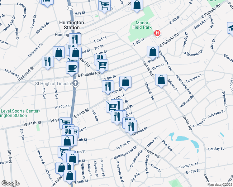 map of restaurants, bars, coffee shops, grocery stores, and more near 133 East 11th Street in Huntington Station