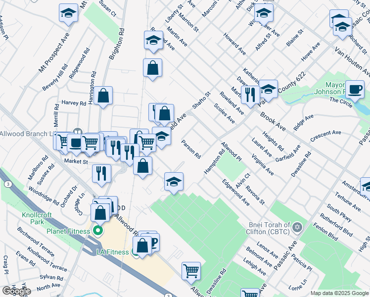 map of restaurants, bars, coffee shops, grocery stores, and more near 64 Parson Road in Clifton