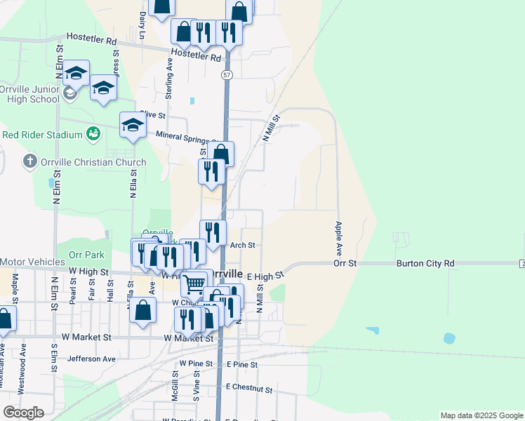 map of restaurants, bars, coffee shops, grocery stores, and more near 722 North Mill Street in Orrville