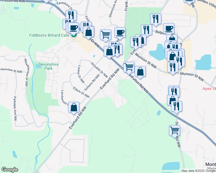 map of restaurants, bars, coffee shops, grocery stores, and more near 5200 Everhard Road Northwest in Canton