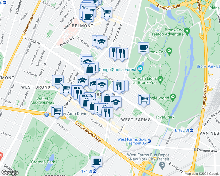 map of restaurants, bars, coffee shops, grocery stores, and more near 801 East 180th Street in Bronx
