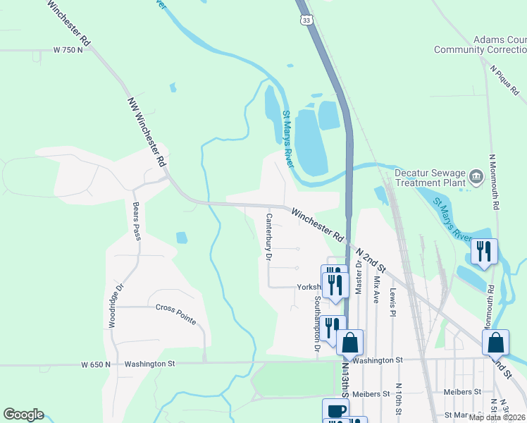 map of restaurants, bars, coffee shops, grocery stores, and more near 1508 Canterbury Drive in Decatur