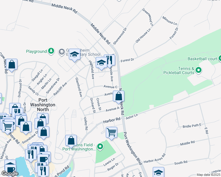 map of restaurants, bars, coffee shops, grocery stores, and more near 111 Avenue C in Port Washington