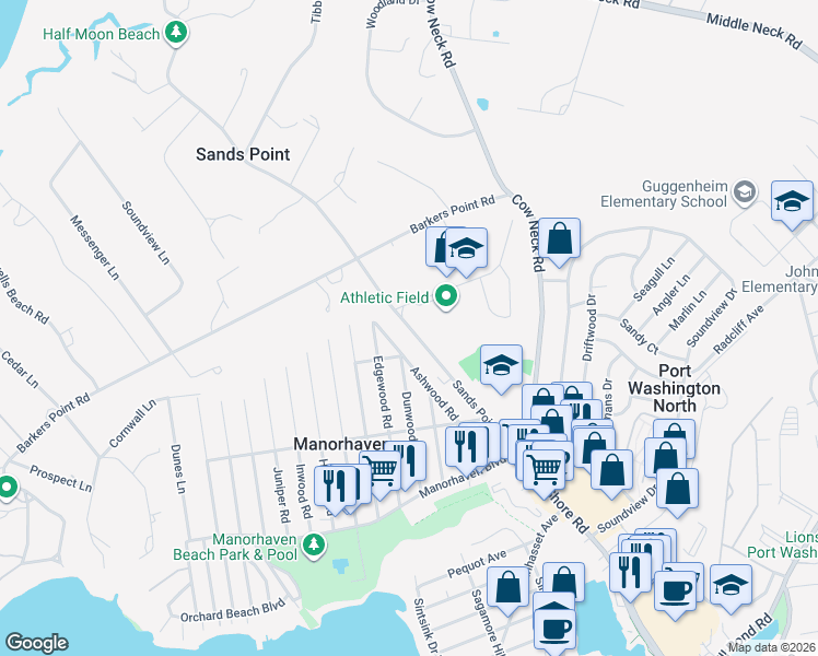 map of restaurants, bars, coffee shops, grocery stores, and more near 71 Sands Point Road in Port Washington