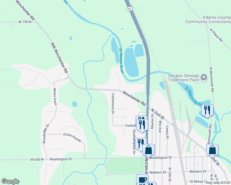 map of restaurants, bars, coffee shops, grocery stores, and more near 1508 Canterbury Drive in Decatur