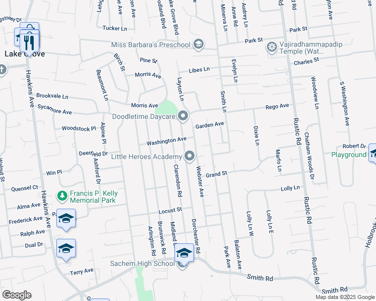 map of restaurants, bars, coffee shops, grocery stores, and more near 99 Dorchester Road in Lake Ronkonkoma