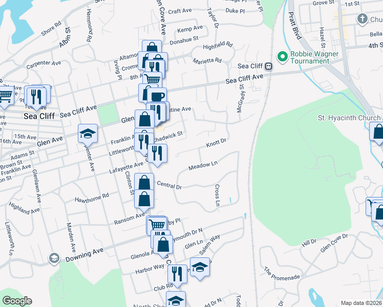 map of restaurants, bars, coffee shops, grocery stores, and more near 32 Knott Drive in Glen Cove