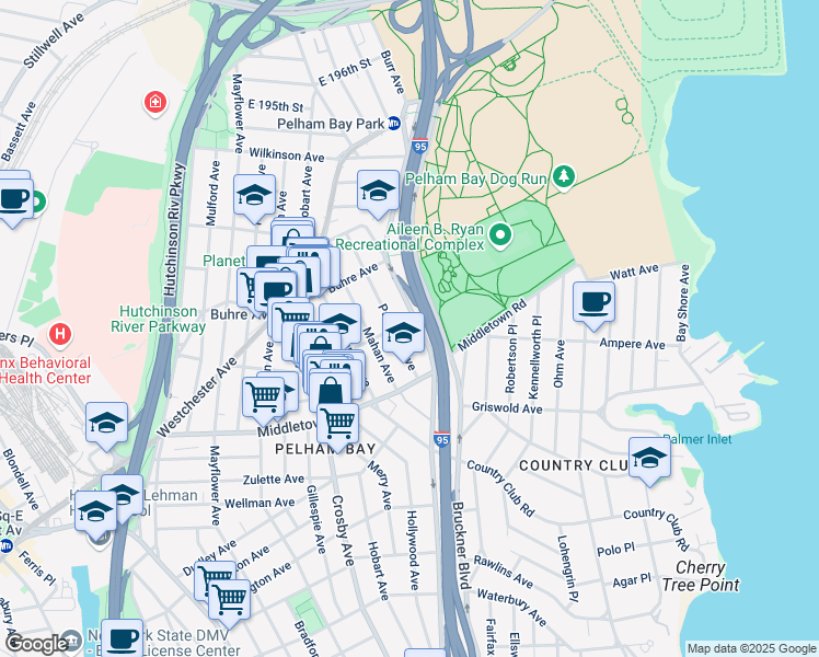 map of restaurants, bars, coffee shops, grocery stores, and more near 3439 Bruckner Boulevard in Bronx